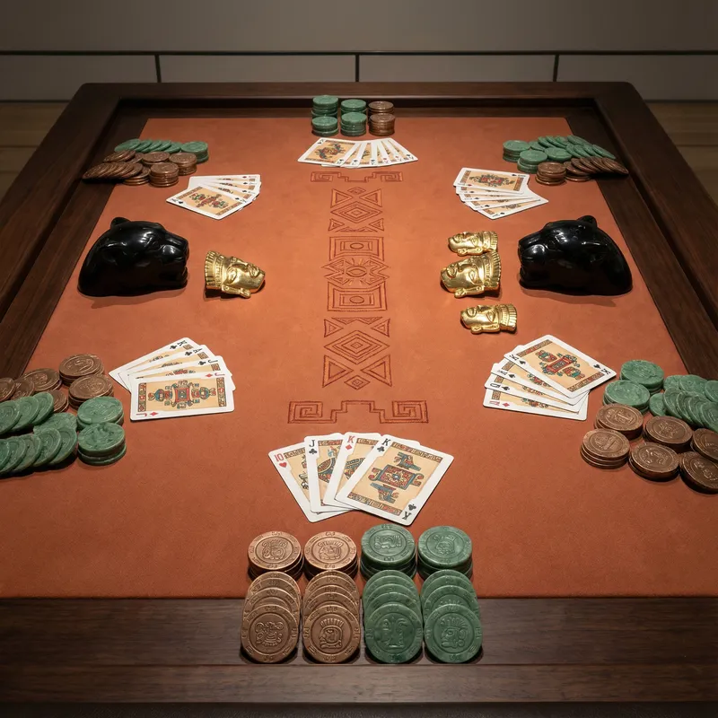 Mesa de bacará con cartas y fichas de bronce inspiradas en arte prehispánico en Diamonds Casino