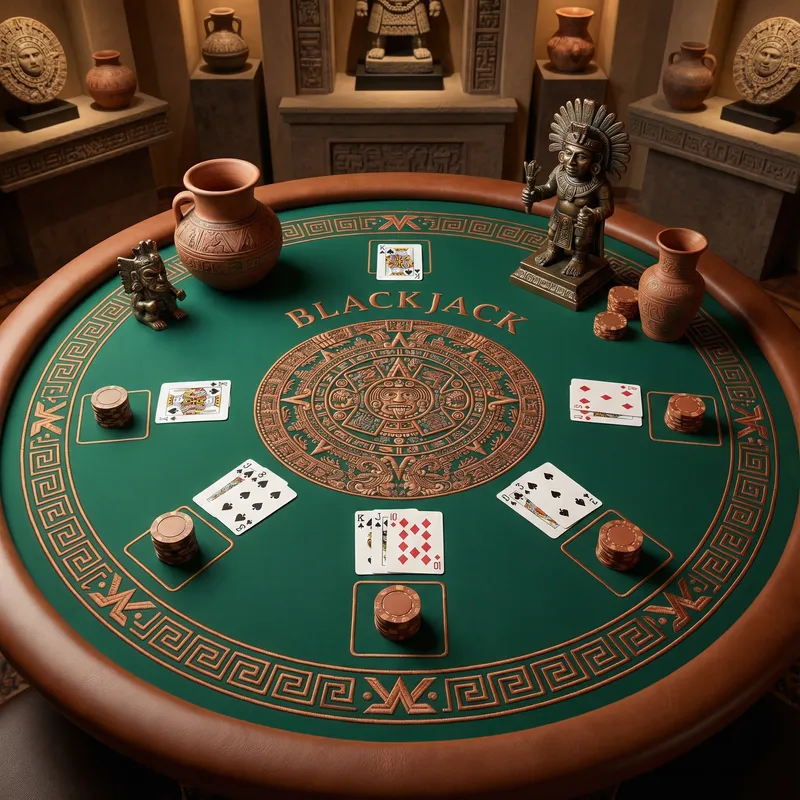 Mesa de blackjack con diseño del calendario azteca en Diamonds Casino México