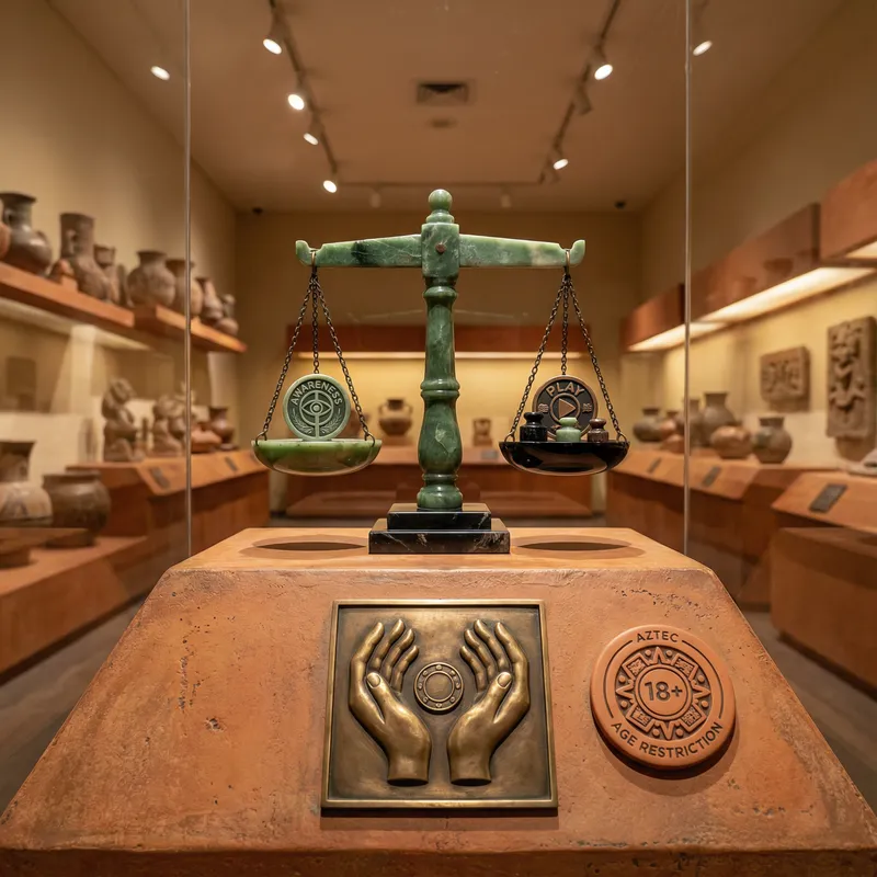 Juego responsable con balanza de jade y símbolo 18+ en Diamonds Casino