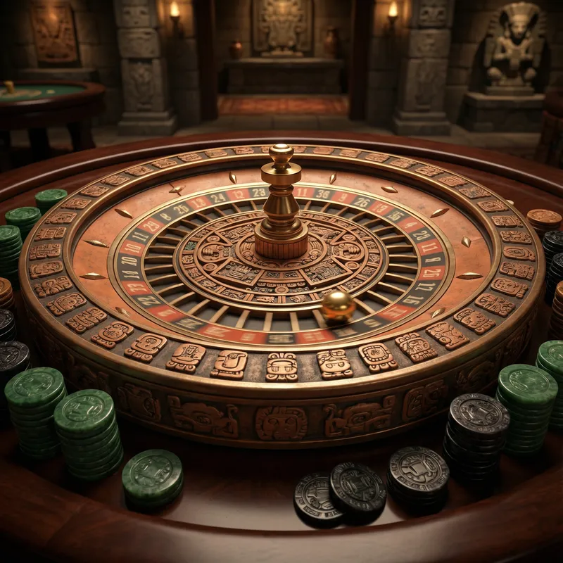 Ruleta europea con decoración mesoamericana y fichas de jade en Diamonds Casino México