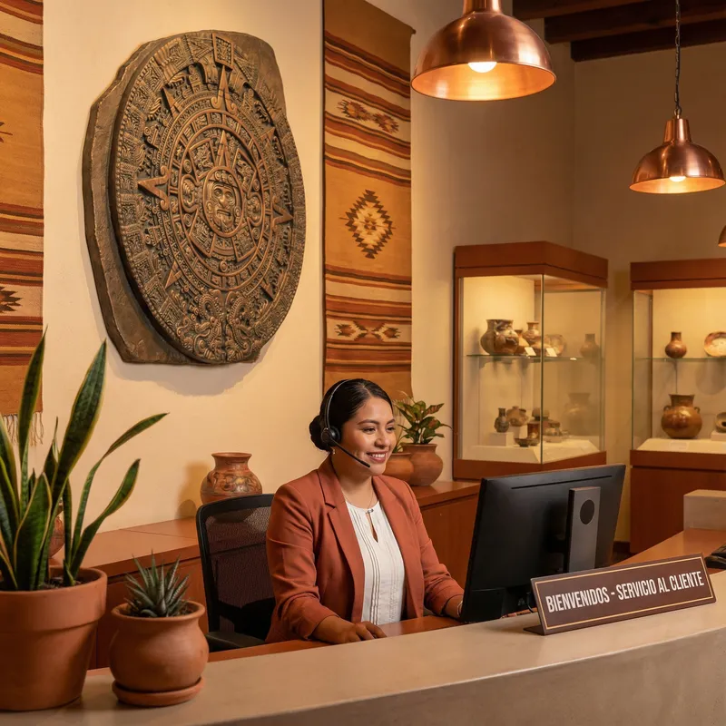 Agente de soporte al cliente de Diamonds Casino con calendario azteca de fondo